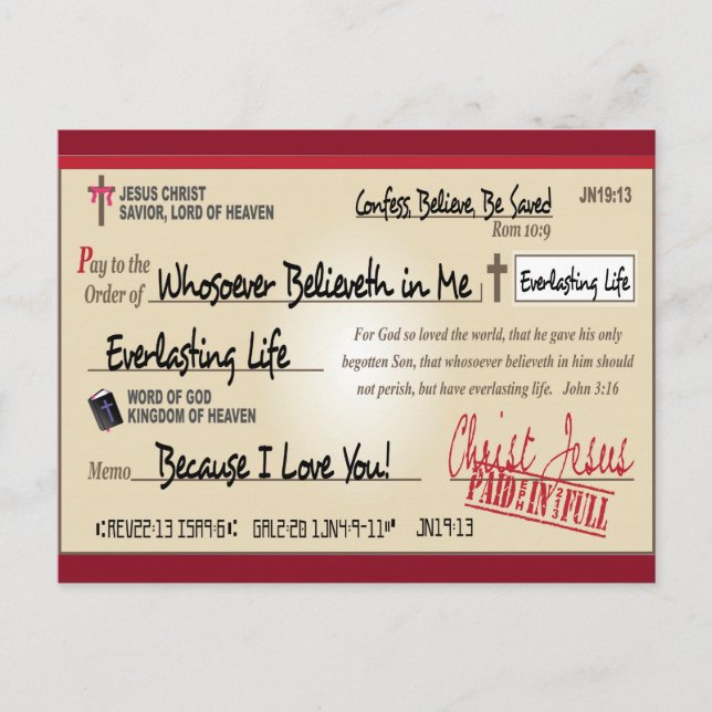 Betalat i Fullt Sparad av Jesus Check Christian Vykort (Framsida)