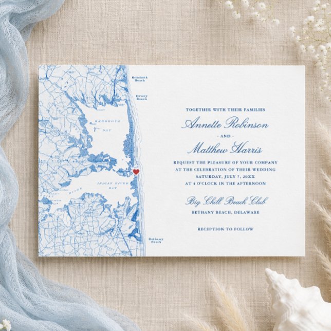 Bethany Beach Big Chill Beach Club Bröllop Inbjudningar (Big Chill Beach Club Wedding Invitation | Navy Blue Delaware Beach Map Invite by Coastal Map Designs)