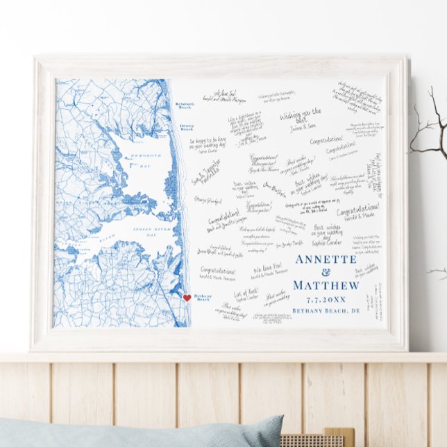 Bethany Beach Bröllop Elegant Gästboksposter Poster (Bethany Beach Map Poster Alternative Wedding Guest book in elegant navy blue by Coastal Map Designs)