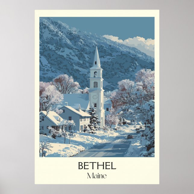 Bethel Maine Vintage Winter Village Snö Art Poster (Framsidan)