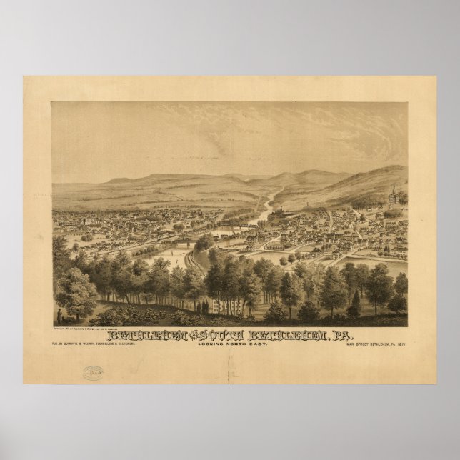 Betlehem Pennsylvania 1877 Antique Panoramic Karta Poster (Framsidan)