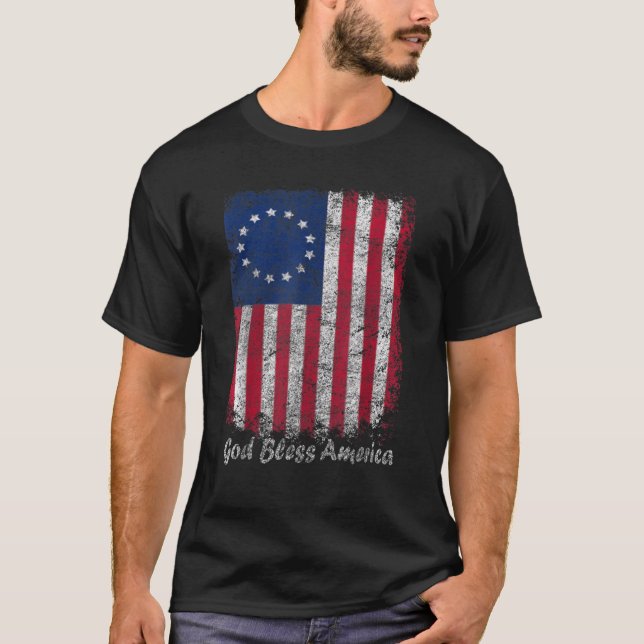 Betsy Ross American Flagga Patriotic Välsigna dig  T Shirt (Framsida)