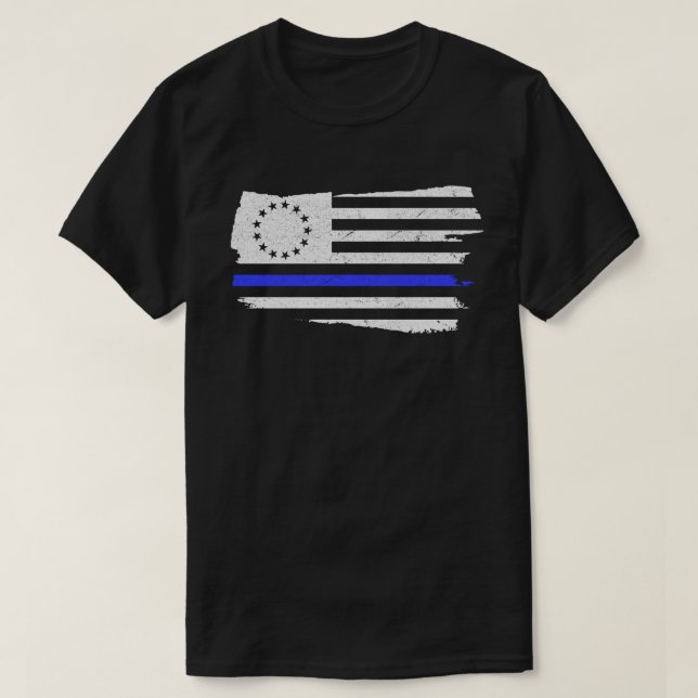 Betsy Ross Flag Tunn blå linje Polisstöd T Shirt (Design framsida)