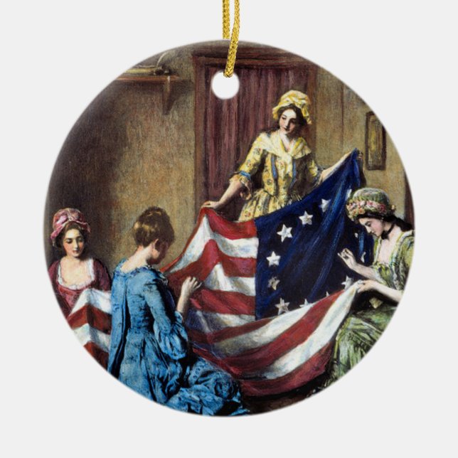 Betsy Ross Sewing Amerikanska Flagga Julgransprydnad Keramik (Framsidan)