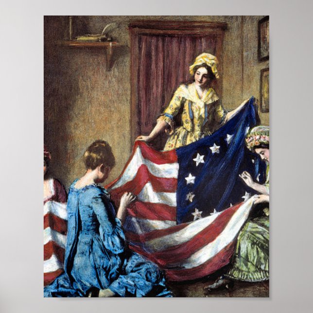 Betsy Ross Sewing Amerikanska Flagga Poster (Framsidan)