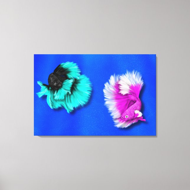Betta Fish Duo, svart och teal, vit och rosa Canvastryck (Framsida)
