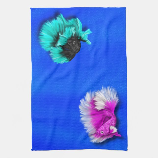 Betta Fish Duo, svart och teal, vit och rosa Kökshandduk (Vertikal)