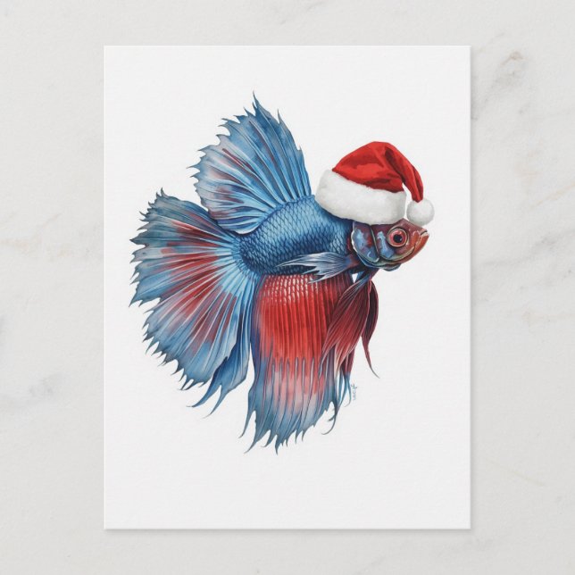 Betta Fish i Santa-hatt Vattenfärg Jul Helg Vykort (Framsida)