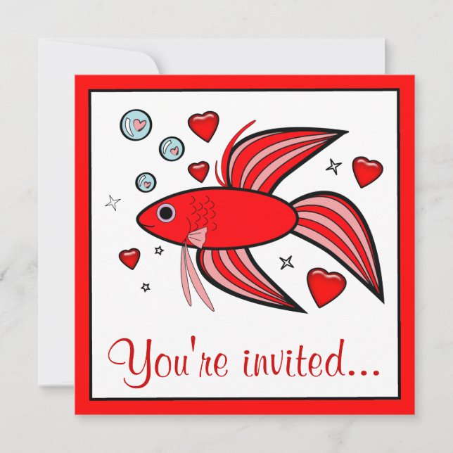 Betta Fish med Hearts Valentines Party Inbjudningar (Framsida)
