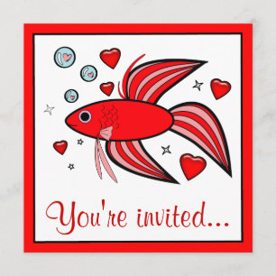 Betta Fish med Hearts Valentines Party Inbjudningar