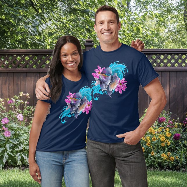 Betta Siamesisk Kampfisk Lotusvågor Blå T Shirt (Skapare uppladdad)