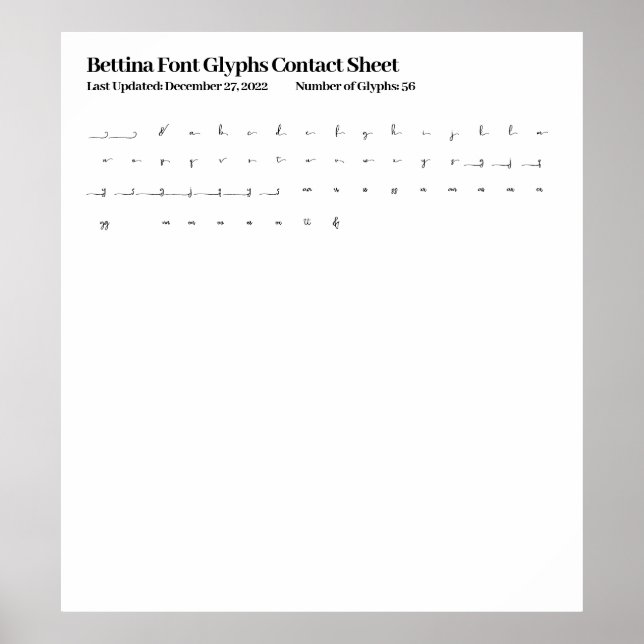 Bettina Font Glyphs Kontakta Lakan Poster (Framsidan)
