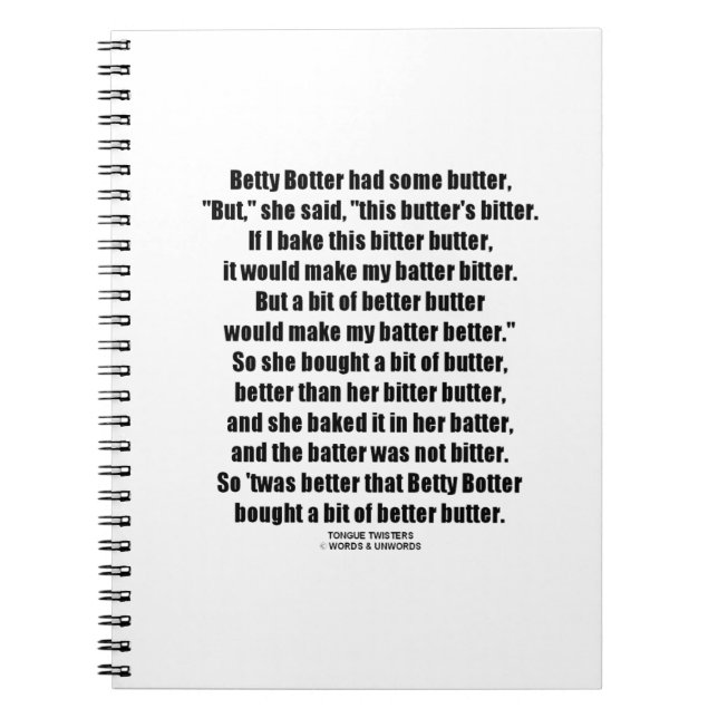 Betty Botter Better Butter (Tunga Twister) Anteckningsbok Med Spiral (Framsidan)
