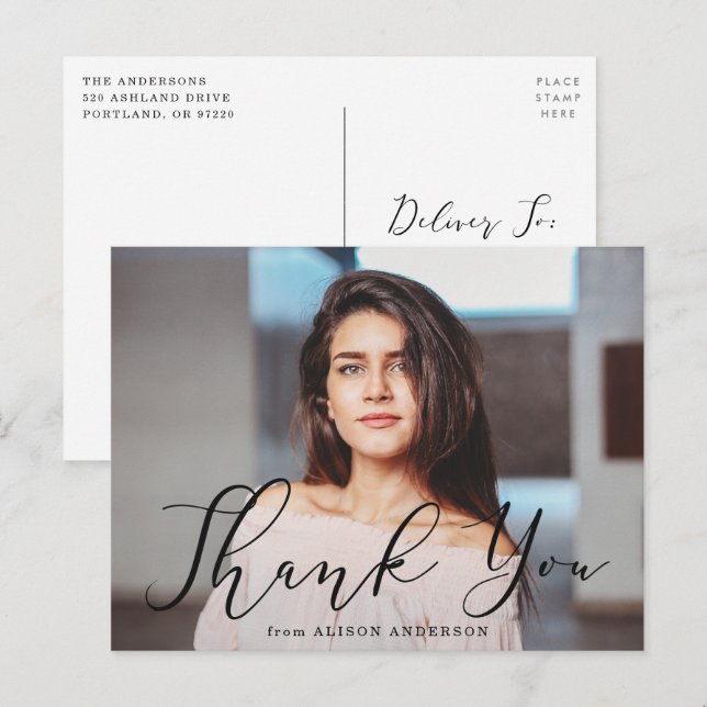 Betydande svart skript fotoexamen tack vykort (Fram/baksida)