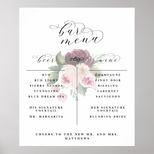 Beundra meny för blomsterbar Vinkort Öl Cocktail L Poster (Framsidan)