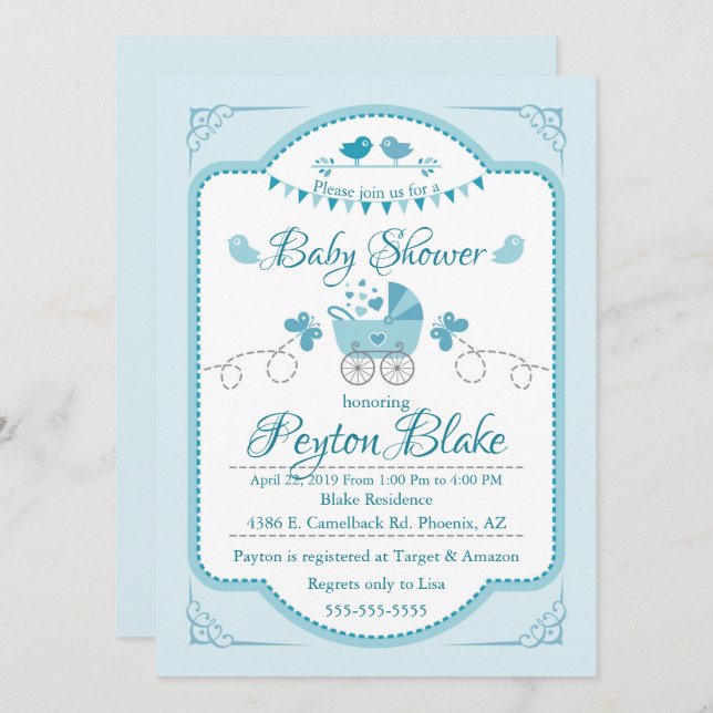 Bevackert Blue Buggy Baby Shower Inbjudan (Fram/baksida)