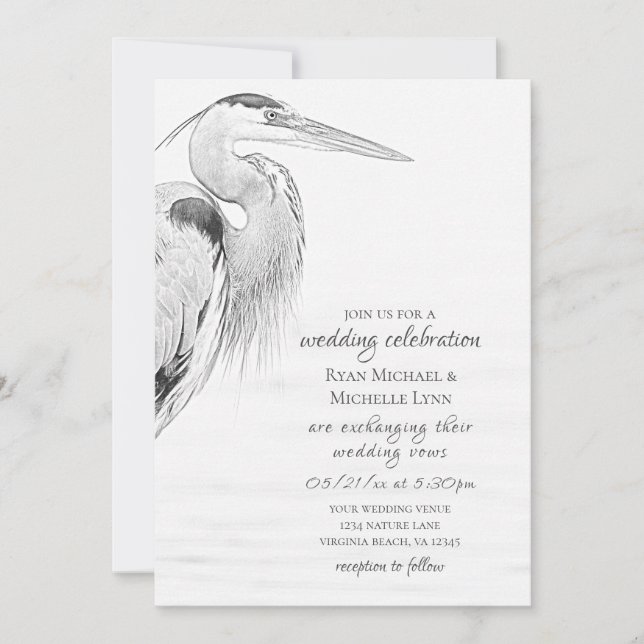 Bevackert Blue Heron Vatten Bird Sketch Bröllop Inbjudningar (Framsida)