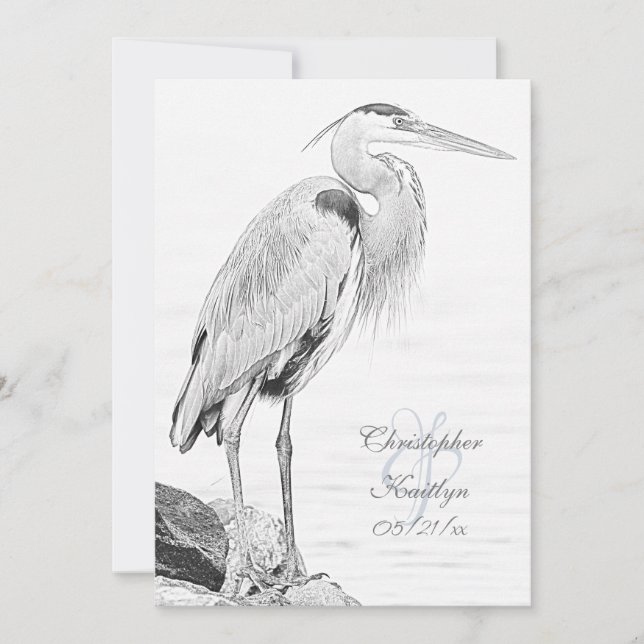 Bevackert Blue Heron Vatten Bird Sketch Bröllop Inbjudningar (Framsida)