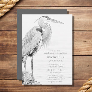 Bevackert Blue Heron Vatten Bird Sketch Bröllop Inbjudningar
