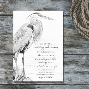 Bevackert Blue Heron Vatten Bird Sketch Bröllop Inbjudningar