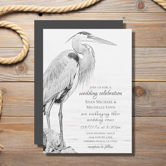 Bevackert Blue Heron Vatten Bird Sketch Bröllop Inbjudningar (Skapare uppladdad)