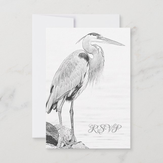 Bevackert Blue Heron Vatten Bird Sketch Bröllop OSA Kort (Framsida)