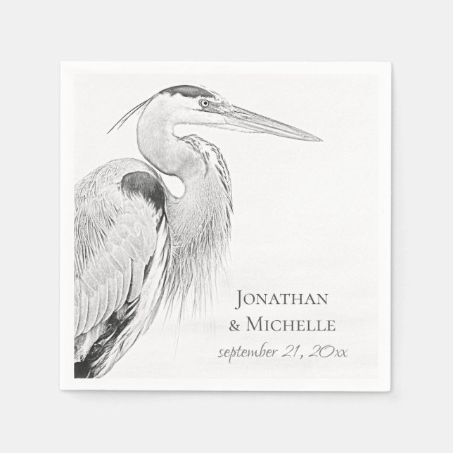Bevackert Blue Heron Vatten Bird Sketch Bröllop Pappersservett (Framsidan)
