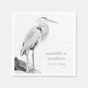 Bevackert Blue Heron Vatten Bird Sketch Bröllop Pappersservett