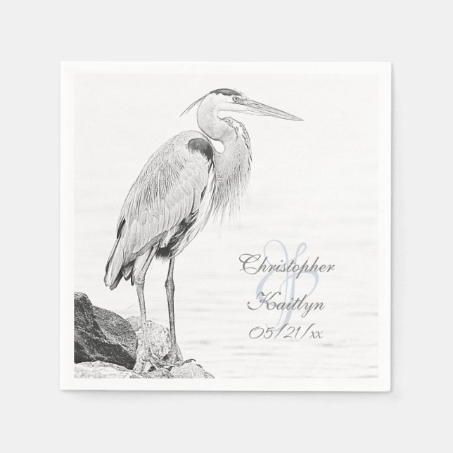 Bevackert Blue Heron Vatten Bird Sketch Bröllop Pappersservett (Framsidan)