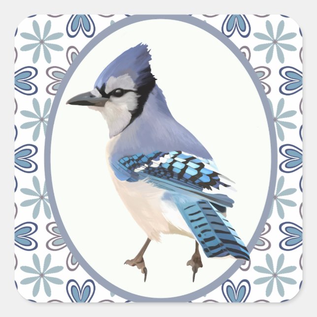 Bevackert Blue Jay Bird Fyrkantigt Klistermärke (Framsida)