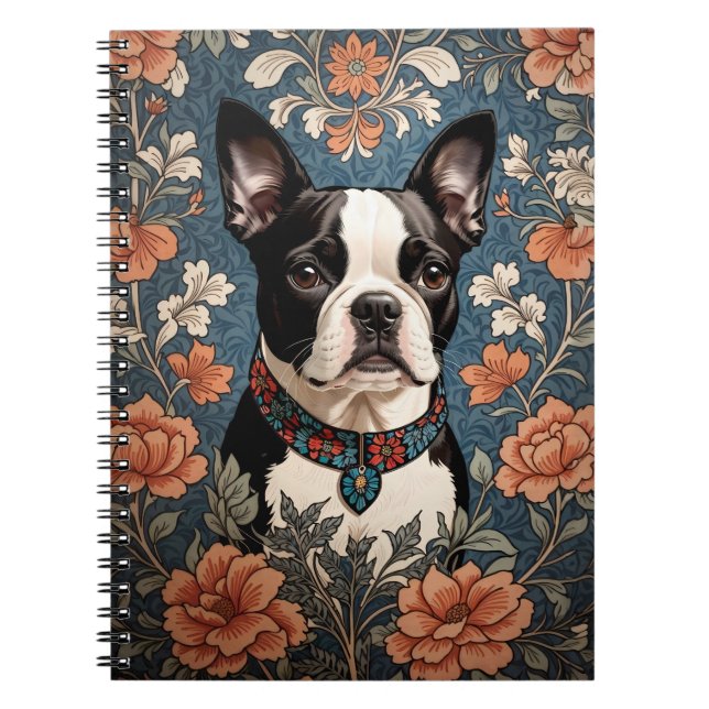 Bevackert Boston Terrier William Morris Inspired Anteckningsbok (Framsidan)