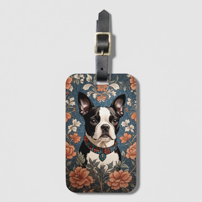 Bevackert Boston Terrier William Morris Inspired Bagagebricka (Framsida vertikal)