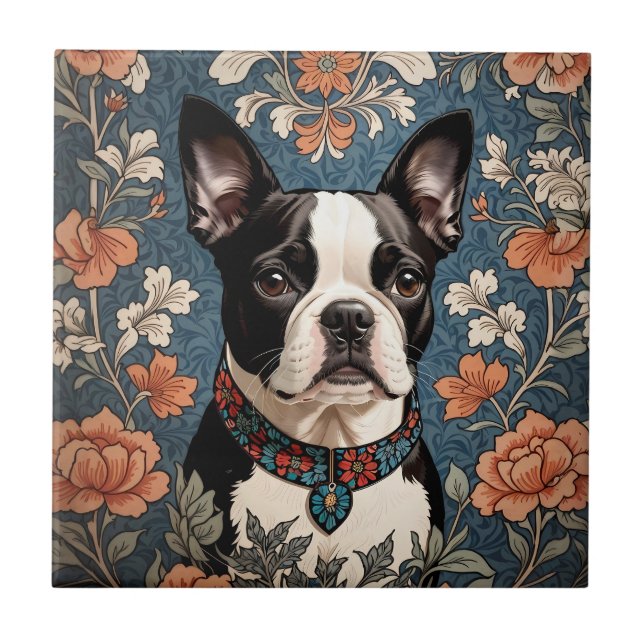 Bevackert Boston Terrier William Morris Inspired Kakelplatta (Framsidan)