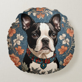 Bevackert Boston Terrier William Morris Inspired Rund Kudde