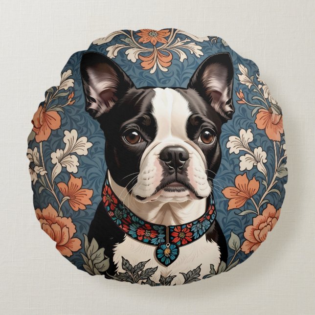 Bevackert Boston Terrier William Morris Inspired Rund Kudde (Framsidan)