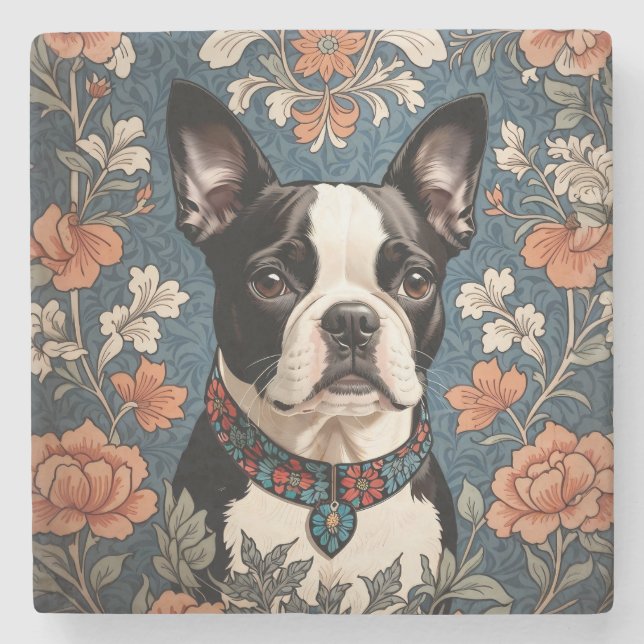 Bevackert Boston Terrier William Morris Inspired Stenunderlägg (Framsidan)