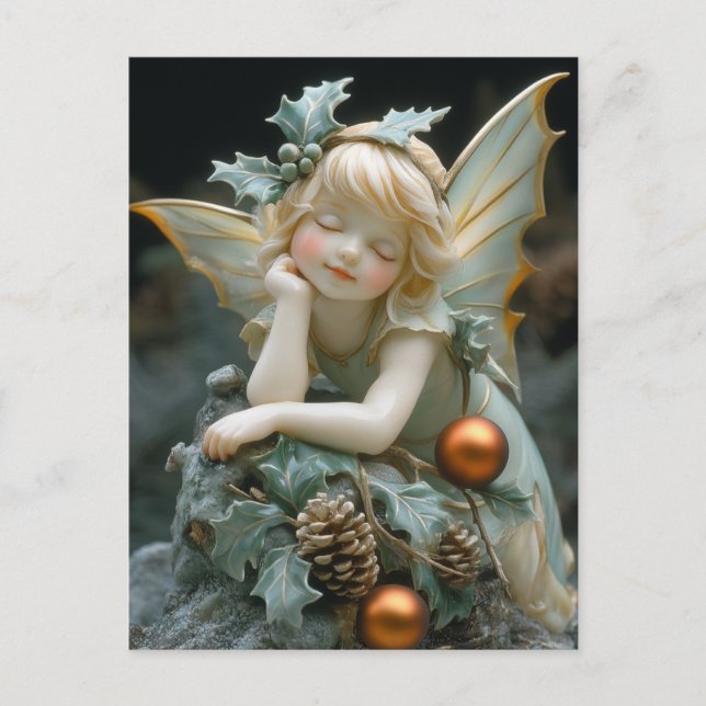 Bevackert Porcelain Fairy Holly Pinecones Ornament Vykort (Framsida)