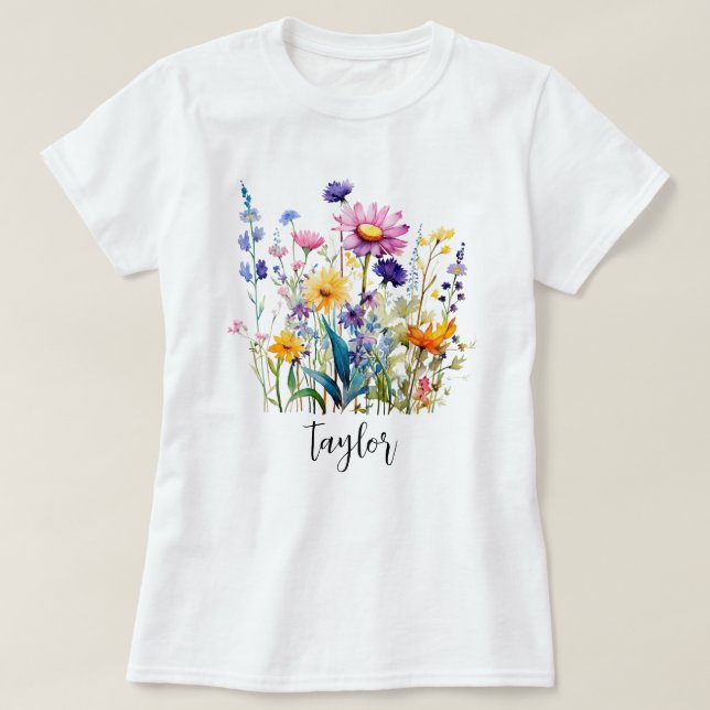 Bevackert Watercolor Wildblombotaniska Garden T Shirt (Design framsida)
