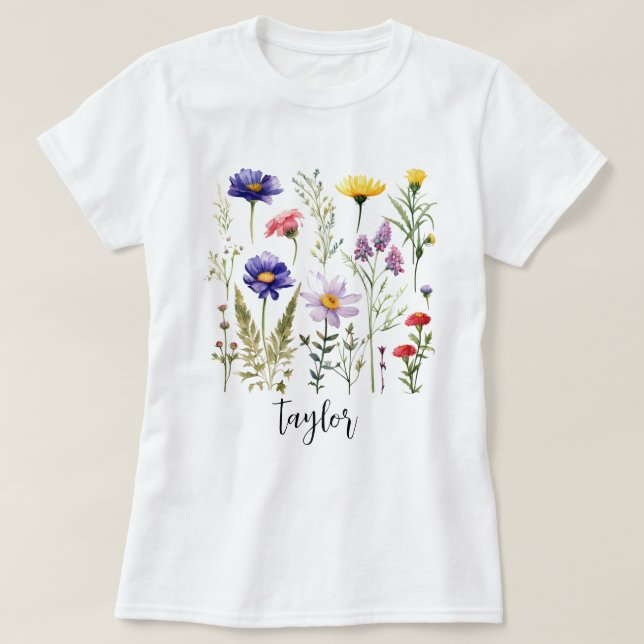 Bevackert Watercolor Wildblombotaniska Garden T Shirt (Design framsida)