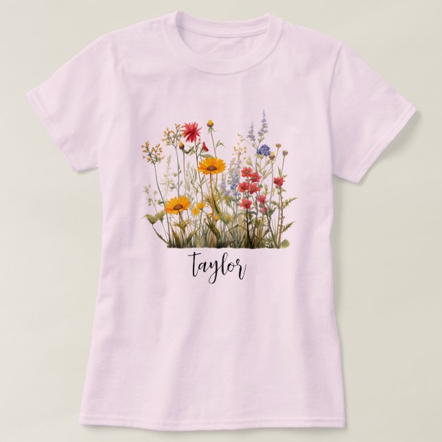 Bevackert Watercolor Wildblombotaniska Garden T Shirt (Design framsida)