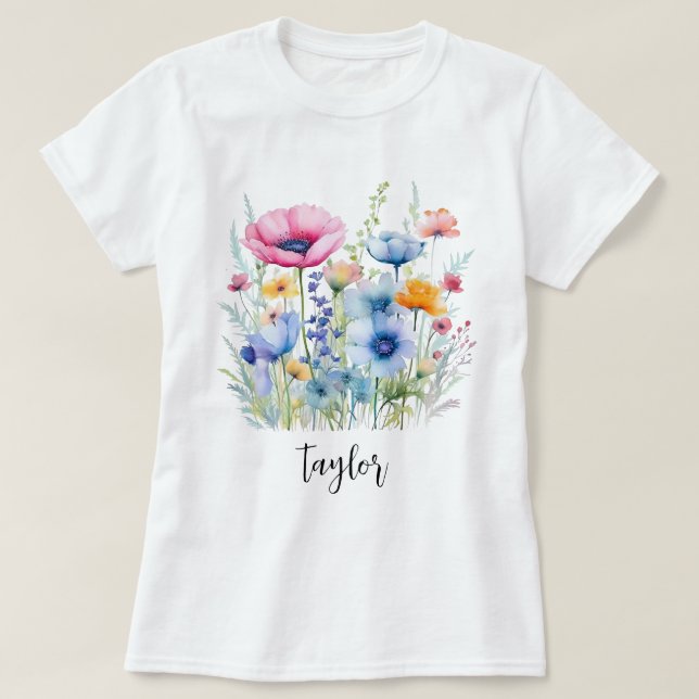 Bevackert Watercolor Wildblombotaniska Garden T Shirt (Design framsida)