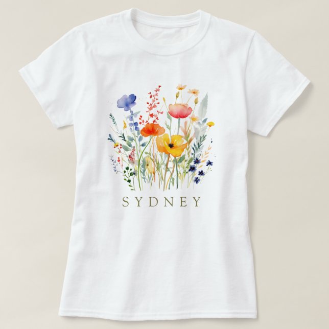 Bevackert Watercolor Wildblombotaniska Garden T Shirt (Design framsida)