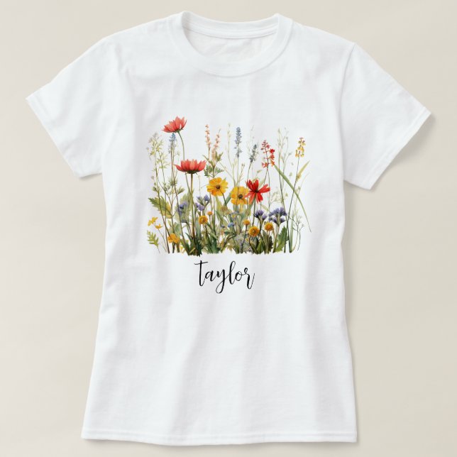 Bevackert Watercolor Wildblombotaniska Garden T Shirt (Design framsida)