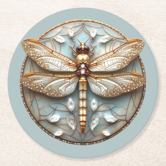 Bevackra Art Deco Dragonfly Guld Diamonds Underlägg Papper Rund (Framsidan)