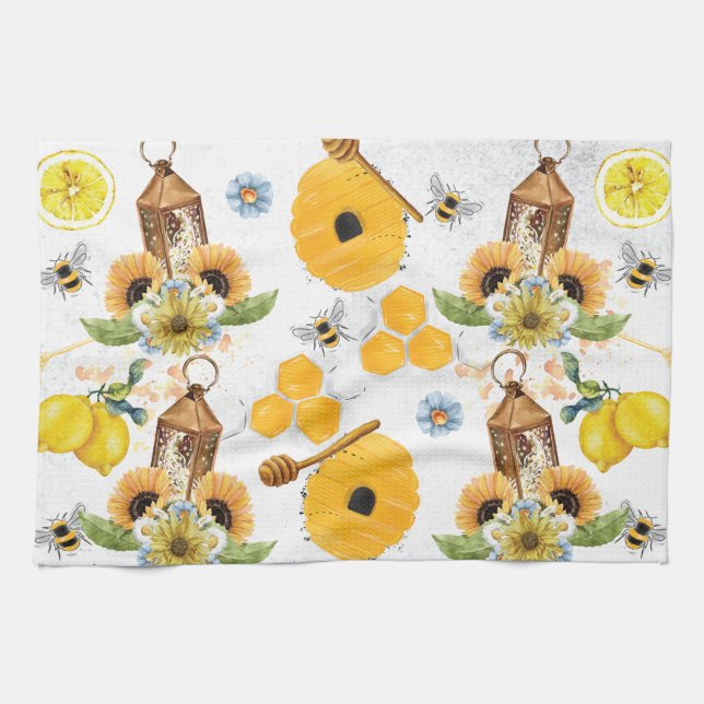 Bevackra Garden Bee Sunblomma Mönster Kökshandduk (Horisontell)
