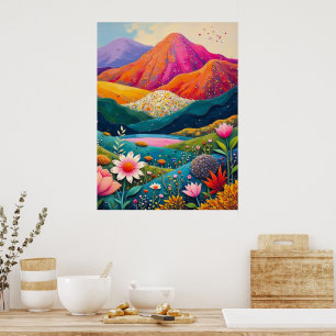 Bevakad Blommigt, bergslandskap - brant natur Poster