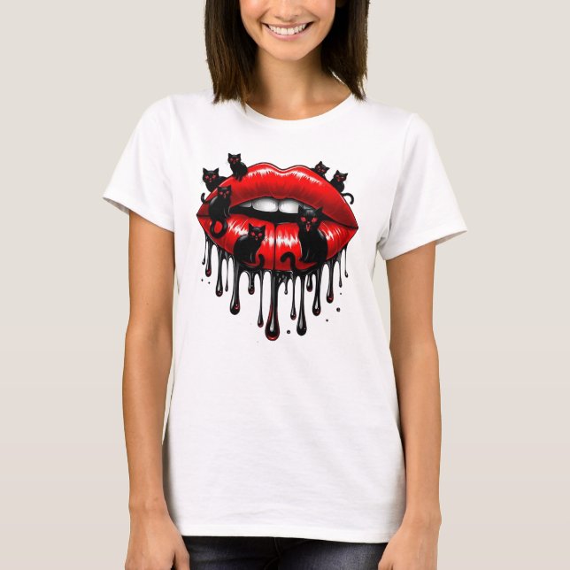 Bevakning av Red Läppar och Svarta katter Dripping T Shirt (Framsida)