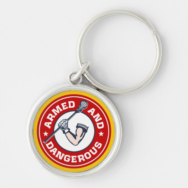Beväpnade och farliga Keychain för Lacrosse Rund Silverfärgad Nyckelring (Framsidan)