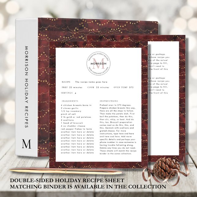Bevara familjerecept Julreceptblad (Double-Sided Burgundy Christmas Recipe Sheet Preserving Family Recipes Designed for 3-Hole Punch)