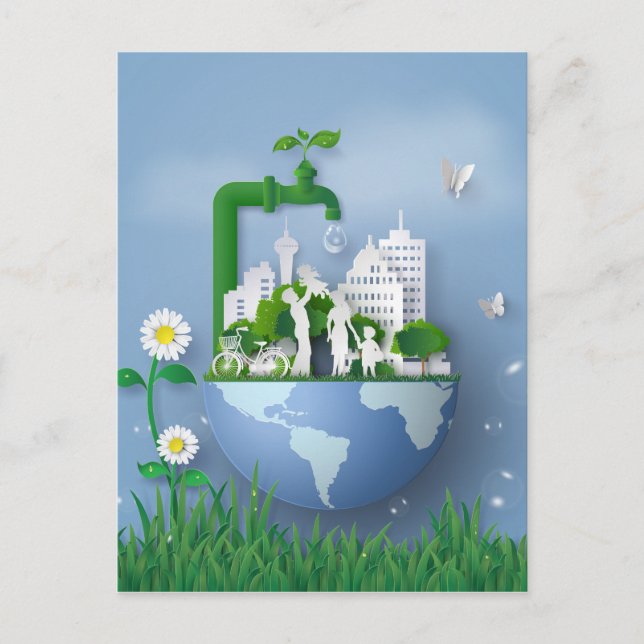 Bevarandefakaucet och staden Papercut Earth Day Vykort (Framsida)